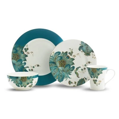 Stoviglie in porcellana fine cineserie Teal floreali con accenti dorati